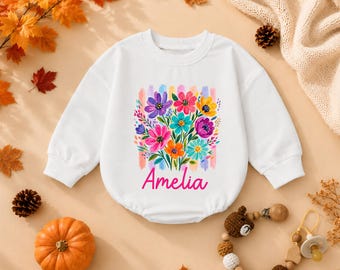 Custom Floral Baby Romper, Personalized Watercolor Flower Bodysuit, Custom Name Bubble Suit, Botanical Baby Girl Outfit, Baby Shower Gift