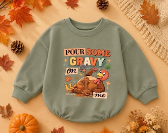 Funny Thanksgiving Baby Romper, Pour Some Gravy On Me Bodysuit, Cute Turkey Pun Bubble Suit, Fall Infant Outfit, Holiday Gift