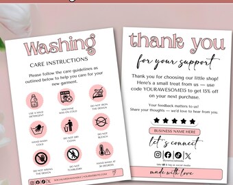 Editable Clothing Care Card Canva Template Bundle, Washing Instructions Insert, Small Business Thank You Card, Printable Download