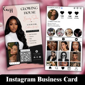 May include: A rectangular business card featuring a beauty salon advertisement with a photo of a person with long dark hair, the text G&H Glowing House Beauty Salon, a QR code, and a mock-up of an Instagram profile page with various portrait photos.