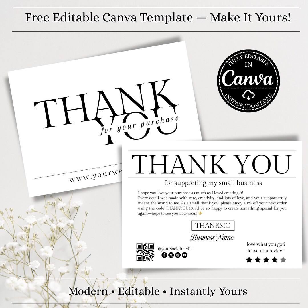Editable Thank You Card Template Canva, Small Business Thank You Insert ...