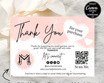 Editable Pink Thank You Card Template for Small Business – Printable Customer Appreciation Card with QR Code