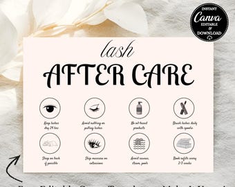 Lash Aftercare Card Template Printable Client Instructions for Lash Techs Salon Editable Care Guide Canva Download