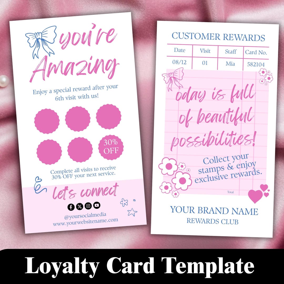 Customer Reward Card Canva Template, Pink Loyalty Punch Card, Editable ...