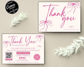 Editable Coquette Business Thank You Card Canva Template – Pink Bows Packaging Insert with QR Code
