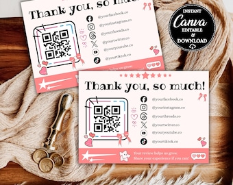 Bewerkbare zakelijke bedankkaart: roze schattige bijsluiter met QR-code - afdrukbare kaart 'Verbind met ons' en beoordelingskaart