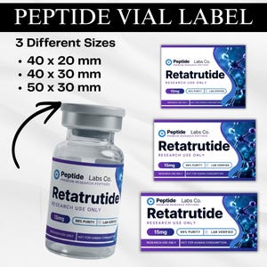 May include: A clear glass peptide vial with a silver cap and a white label featuring the text Retatrutide, Peptide Labs Co., 15mg, 99% Purity, and Lab Verified. Three rectangular label variations are shown in sizes 40x20mm, 40x30mm, and 50x30mm.
