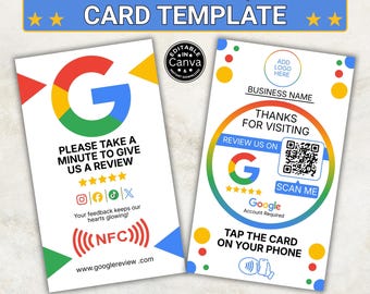 Plantilla de tarjeta QR de reseñas de Google, tarjeta de reseñas NFC, folleto de reseñas de Google de Canva, escaneo para reseña, tarjeta de agradecimiento empresarial