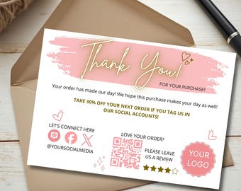 Plantilla editable de tarjeta de agradecimiento para pequeñas empresas, plantilla de Canva para tarjetas de agradecimiento por pedidos, tarjetas de marketing DIY.