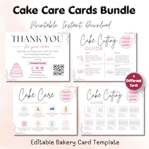Editable Cake Care Instruction Card Bundle Canva, Cake Cutting Guide, Bakery Thank You Card, Cake Serving Guide, Business Insert Template