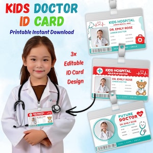 May include: Three rectangular plastic ID card holders with lanyards, each featuring a white background with colorful graphics including a stethoscope, a teddy bear, and medical symbols. The cards display the text Kids Hospital, Junior Medical Hero, and Future Doctor, along with fields for a name, ID number, and dates. The cards are designed for role play.