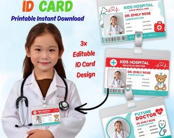 Modello di badge identificativo da dottore per bambini, targhetta ospedaliera modificabile per giochi di ruolo, tessera medica stampabile per giochi di ruolo.