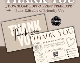 Plantilla de tarjeta de agradecimiento editable de Canva: inserto de empaque para pequeñas empresas, tarjeta de agradecimiento imprimible (descarga digital)
