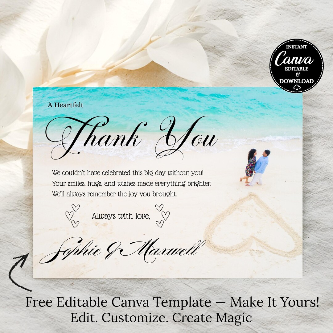 Custom Beach Wedding Thank You Card Template: Editable Destination ...