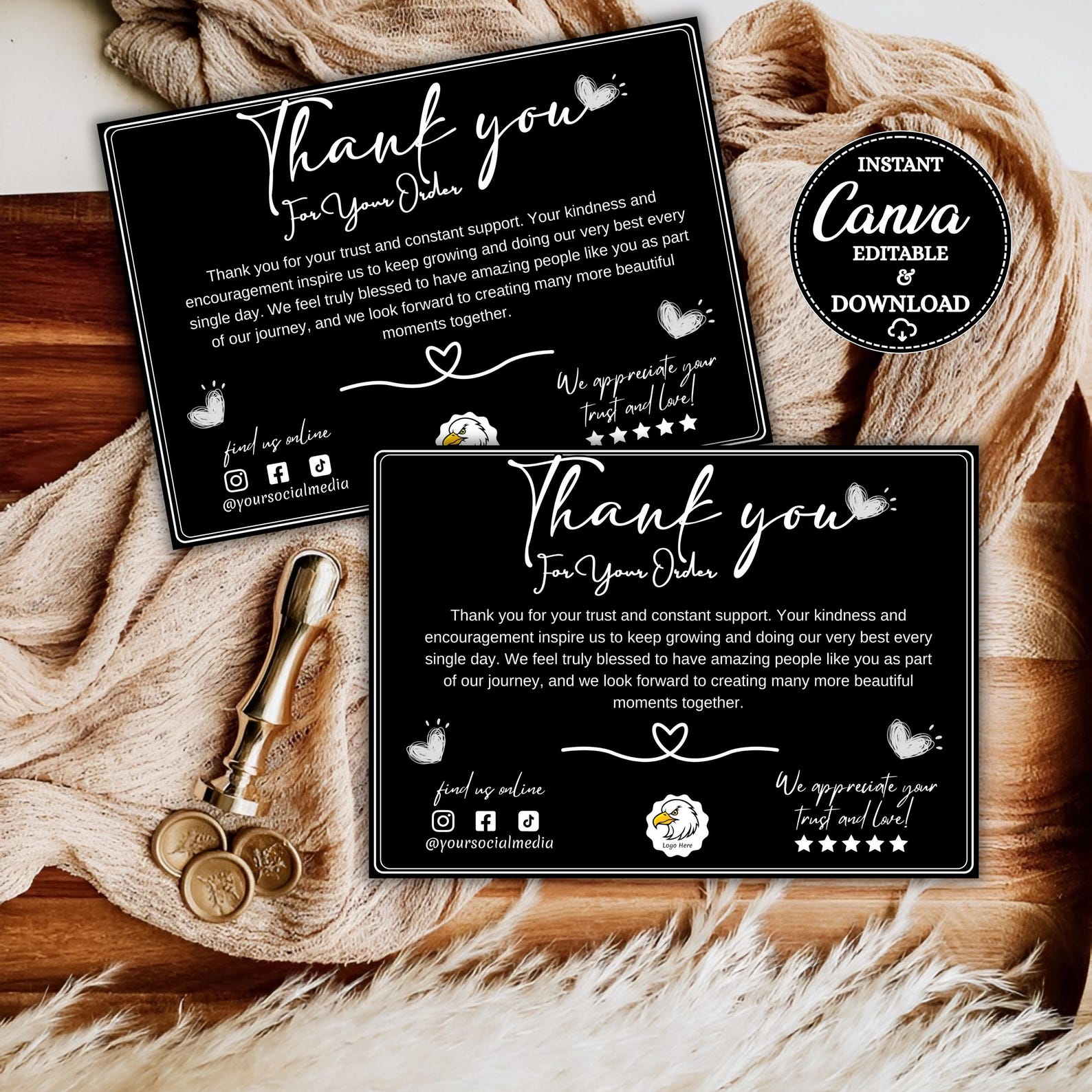 Editable Black Luxury Thank You Card Template: Small Business Package ...