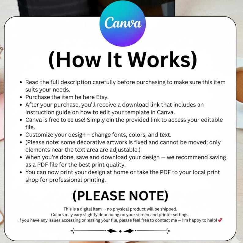 May include: A white background with the Canva logo and the text "(How It Works)". The text explains how to use a digital template, including purchasing, downloading, and customizing the design. The bottom section says "(PLEASE NOTE)" with additional information.