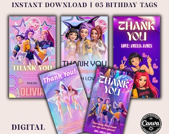 Editable K-Pop Demon Hunter Thank You Tags, Printable Party Favor Tags, Huntrix Saja Birthday Gift Tags, Kpop Favor