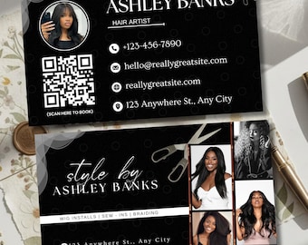 Hair Stylist Business Card Template, Editable Beauty Salon Card, Wig Braider Loctician Business Card, Canva QR Code Card