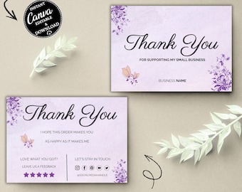 Small Business Thank You Card Template: Lavender Floral Design, Printable Customer Insert Thanks For Your Purchase Card