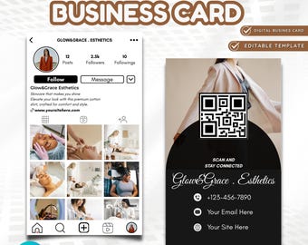May include: An Instagram business card design with a black and white aesthetic. The card features a QR code, contact information, and the text "Glow & Grace Esthetics." The design also includes a mock-up of an Instagram profile.