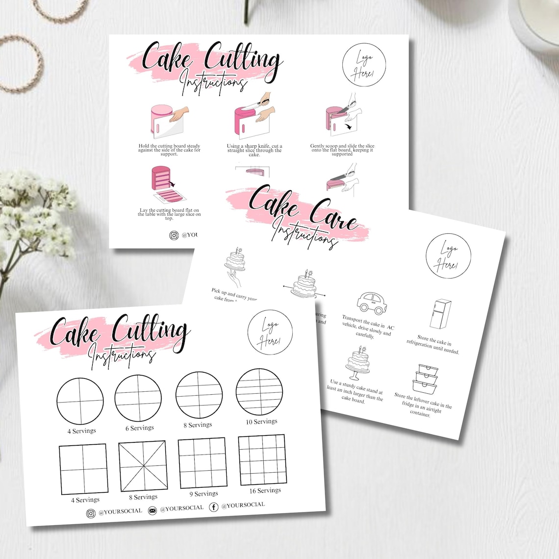 Editable Cake Care Card Template Canva, Cake Cutting Guide Printable ...