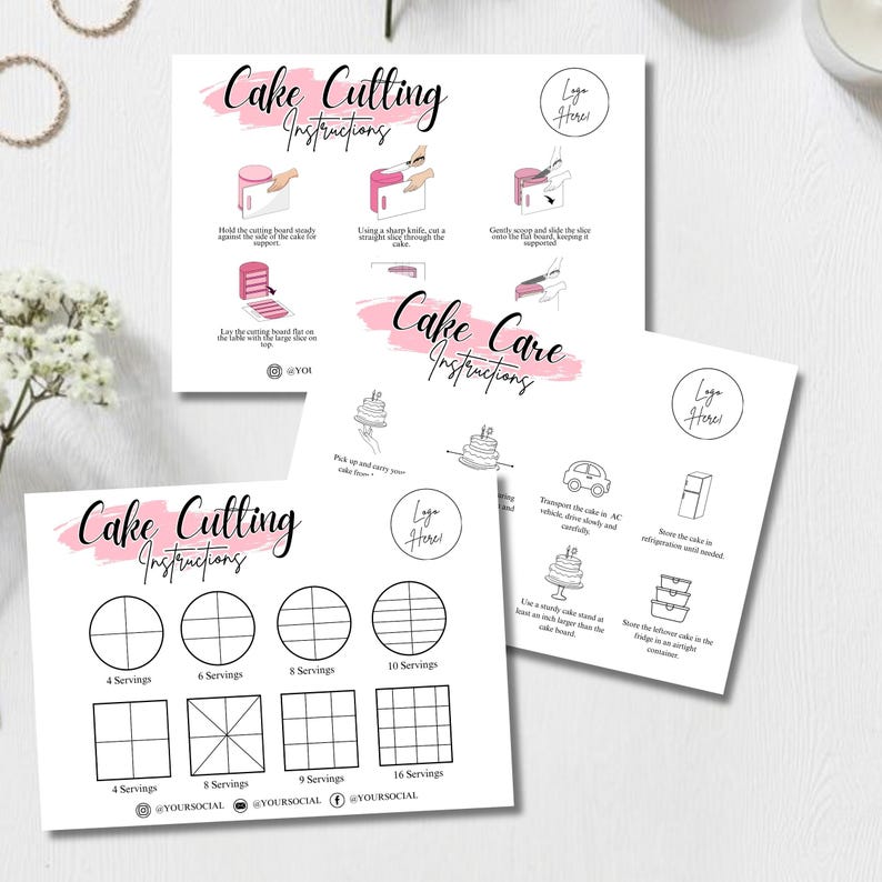 Editable Cake Care Card Template Canva, Cake Cutting Guide Printable ...