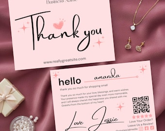 Editable Thank You Card Template Canva Small Business Packaging Insert Pink Minimalist Customer Appreciation QR Code Card