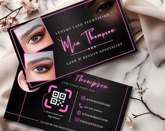 QR Code Business Card Template Canva, Luxury Beauty Business Card for Lash Tech Esthetician PMU Braids, Editable Canva Card
