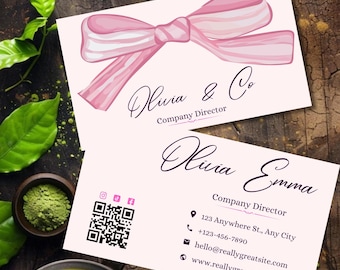 Editable Pink Coquette Bow Business Card Template with QR Code, Chic Canva Business Card for Small Business Branding, Digital Download