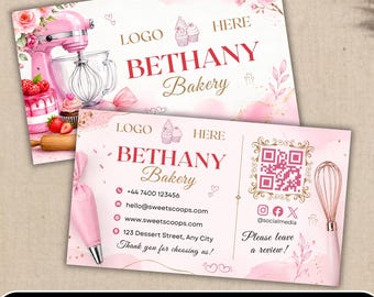 May include: Two rectangular business cards for Bethany Bakery featuring a pink and white watercolor theme. The cards display a pink stand mixer, cupcakes, raspberries, a whisk, a piping bag, a QR code, and contact details including a phone number.