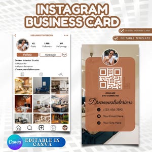Puede incluir: Plantilla de tarjeta de visita de Instagram en marrón y blanco. La tarjeta incluye un código QR, información de contacto y el texto "Dreamnestinteriors". El diseño también presenta una maqueta de un perfil de Instagram.