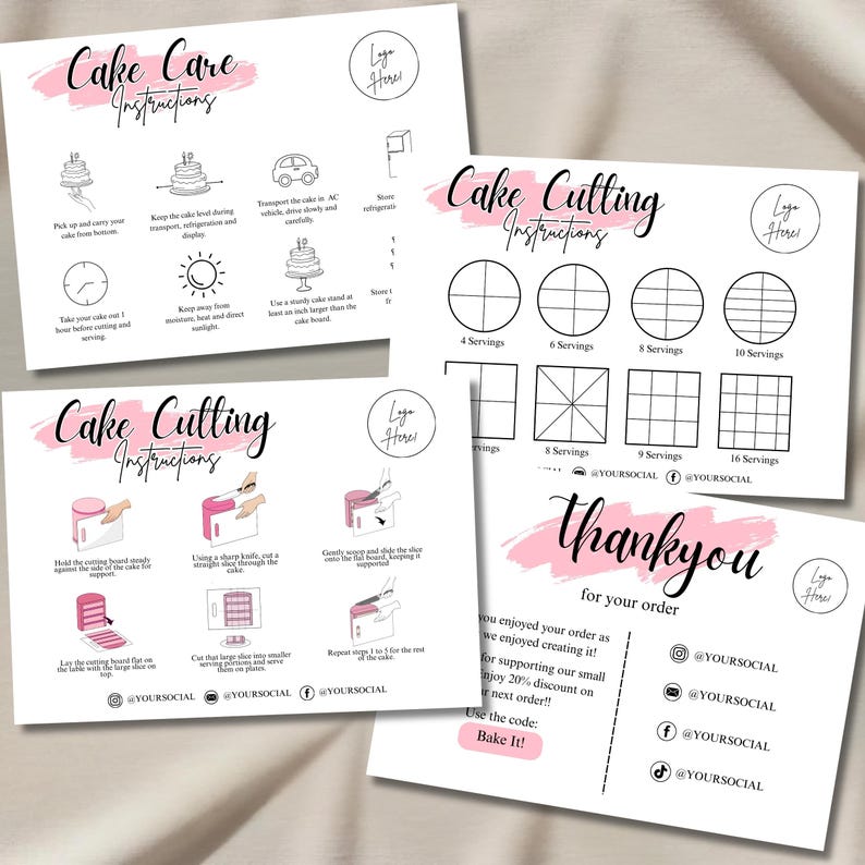 Editable Cake Care Card Template Canva, Cake Cutting Guide Printable ...