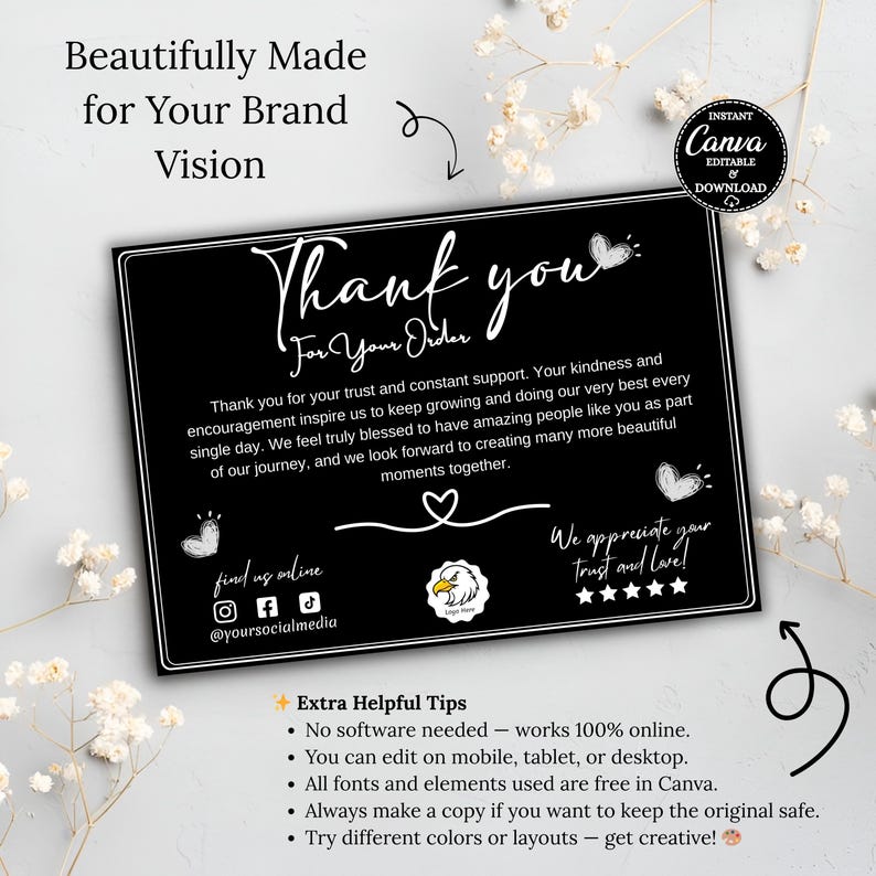 Editable Black Luxury Thank You Card Template: Small Business Package ...
