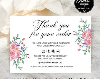 Business Thank You Card Template: Editable Floral Package Insert & Thank You For Your Order Card (Digital Canva Download)