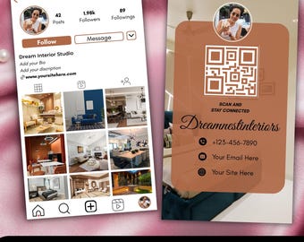 May include: An Instagram card template with a white and brown design. The template includes a profile page mockup with a grid of interior design photos and a business card with a QR code and contact information. The text "Instagram Card Template" is at the bottom.