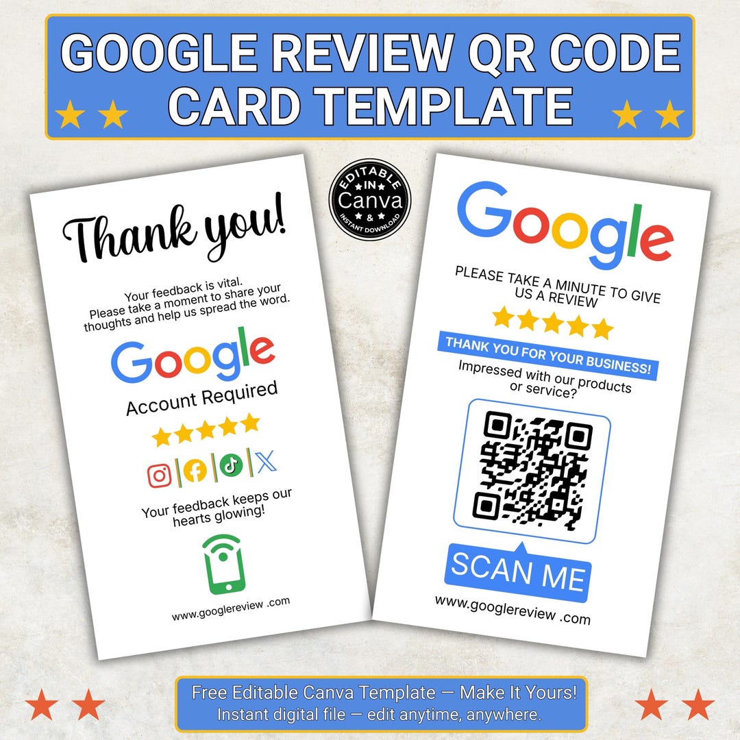 Google Review QR Code Card Canva Template, Scan for Review Printable ...
