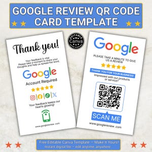 May include: Two white cards with Google branding. One card says "Thank you!" and the other says "Please take a minute to give us a review." Both cards have a QR code and social media icons. The cards are labeled "Google Review QR Code Card Template."