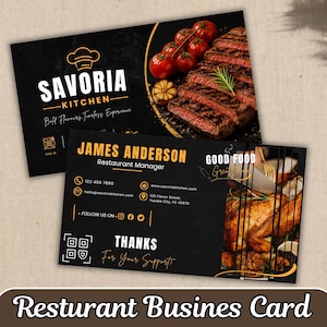 May include: Restaurant business card with a black background, featuring the "Savoria Kitchen" logo and a sliced steak with tomatoes. The card includes contact information for James Anderson, the restaurant manager, and a "Thanks" message.