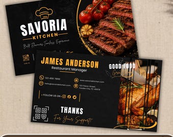 Restaurant Visitenkarte Canva Template, QR Code Food Loyalty Card, Cafe Kontakt Marketing Design Download