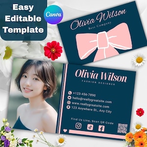 Può includere: Modello di biglietto da visita con foto di donna, nome "Olivia Wilson" e recapiti. Il design include un fiocco rosa e il testo "Easy Editable Template" e "Canva".