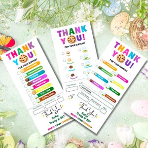 Puede incluir: Tres formularios de pedido blancos con las palabras "¡GRACIAS!" en rosa y naranja, y un gráfico de galleta. Los formularios enumeran variedades de galletas como Lemonades, Trefoils y Tagalongs. Los formularios son para Sofia Troop #357.