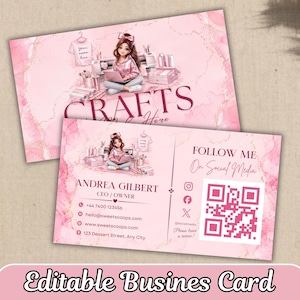 May include: A pink business card template featuring an illustration of a person crafting with a laptop, a cutting machine, and supplies. The text reads CRAFTS, ANDREA GILBERT, CEO / OWNER, contact details, and a QR code for social media links.