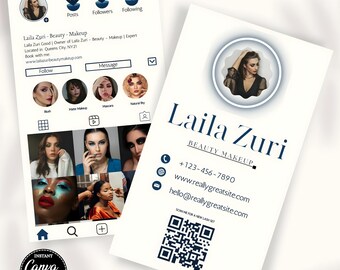 Plantilla de tarjeta de presentación de Instagram para maquilladores, tarjeta de belleza con código QR editable para tecnología de pestañas, uñas y cabello, publicación en redes sociales.