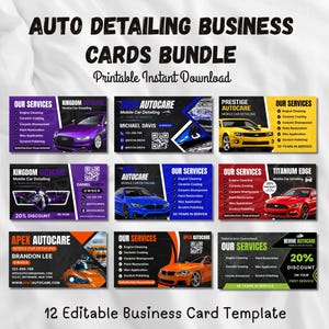May include: A collection of twelve editable business card templates for auto detailing services. Each card features a unique colour scheme, car imagery, service lists, QR codes, and contact information. The text includes Auto Detailing Business Cards Bundle.