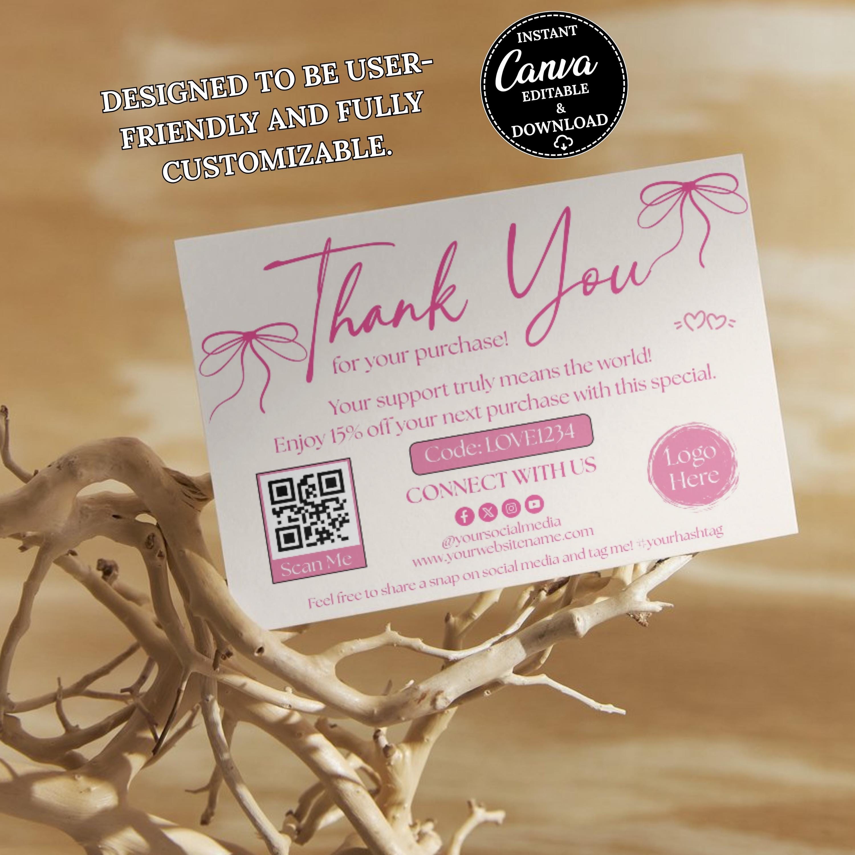 Editable Coquette Business Thank You Card Canva Template – Pink Bows ...