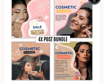 Instagram Post Template for Canva, Beauty & Cosmetic Social Media Post Bundle, Editable Makeup Skincare Promotion, 4 Canva Posts