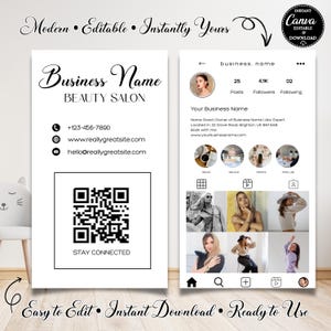 May include: A white business card and a phone screen mockup. The business card features a salon name, contact info, and a QR code. The phone screen displays an Instagram profile with photos and business details. Text includes "Modern, Editable, Instantly Yours."