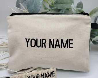 Custom Name canvas pouch, Personalized gift set, custom name cosmetic bag & key fob wristlet, double side zipper bag.