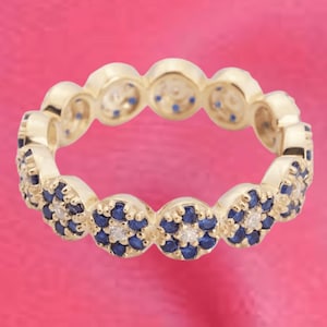 Round Cut Blue Sapphire Band Ring, 14k Yellow Gold Sapphire Full Eternity Band Ring, Women&#39;s  Wedding/Engagement Band For Her, Gift For Her