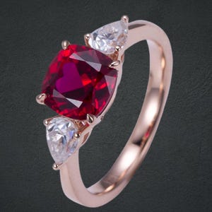 Women’s Cushion Cut Red Ruby Three Stone Engagement Ring in 14K White Gold, Handmade July Birthstone Wedding Ring, Anniversary Gift for Her